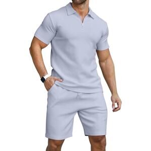 Kuyigo Powder Light Blue Collared Polo Shirt Shorts Track Suit Set Mens XL NWT